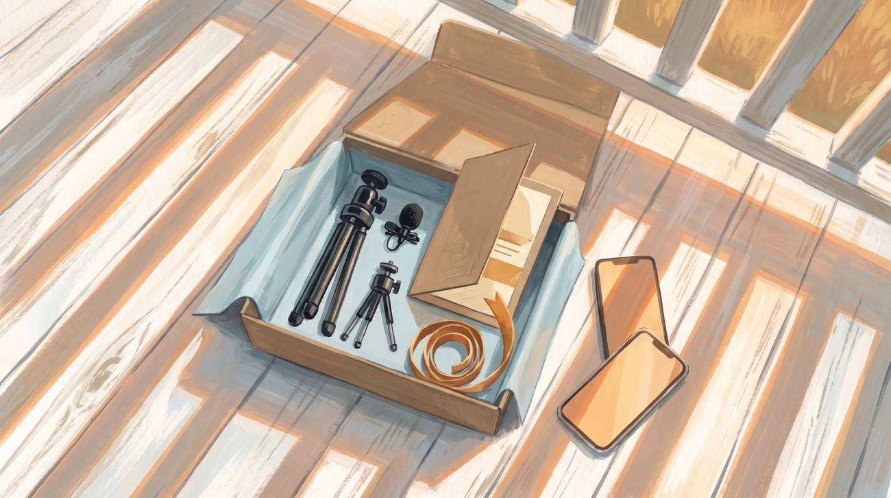 An open gift box with two small tripods, a clip-on microphone and a card, beside two phones.