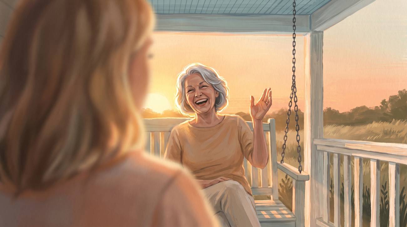 A woman in her seventies laughing on a porch swing as her daughter listens.