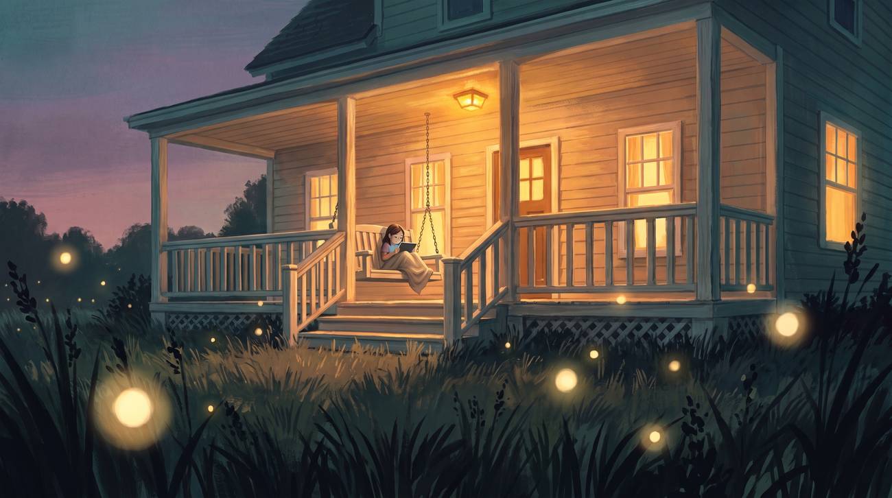 A farmhouse porch at dusk with the light on and fireflies in the yard; a girl on the swing watches a tablet.