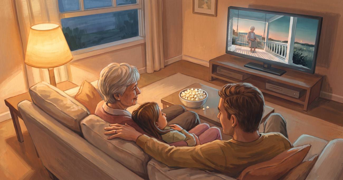 Three generations on a couch watching a film of a grandmother on a porch swing.